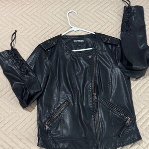 Express Women's Black Leatherette Jacket with Lace-Up Sleeves